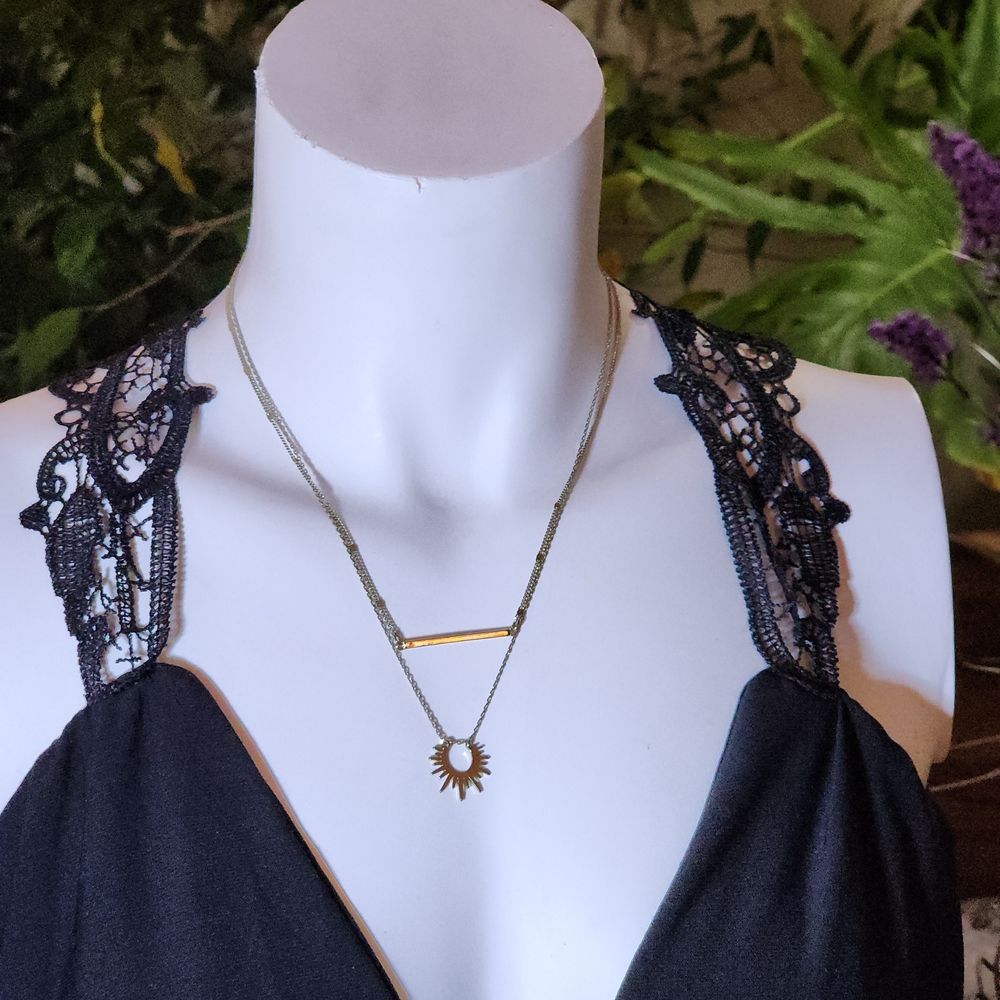 Express Gold Toned 2 Strand Chain Necklace With Bar And Sunburst Pendants
